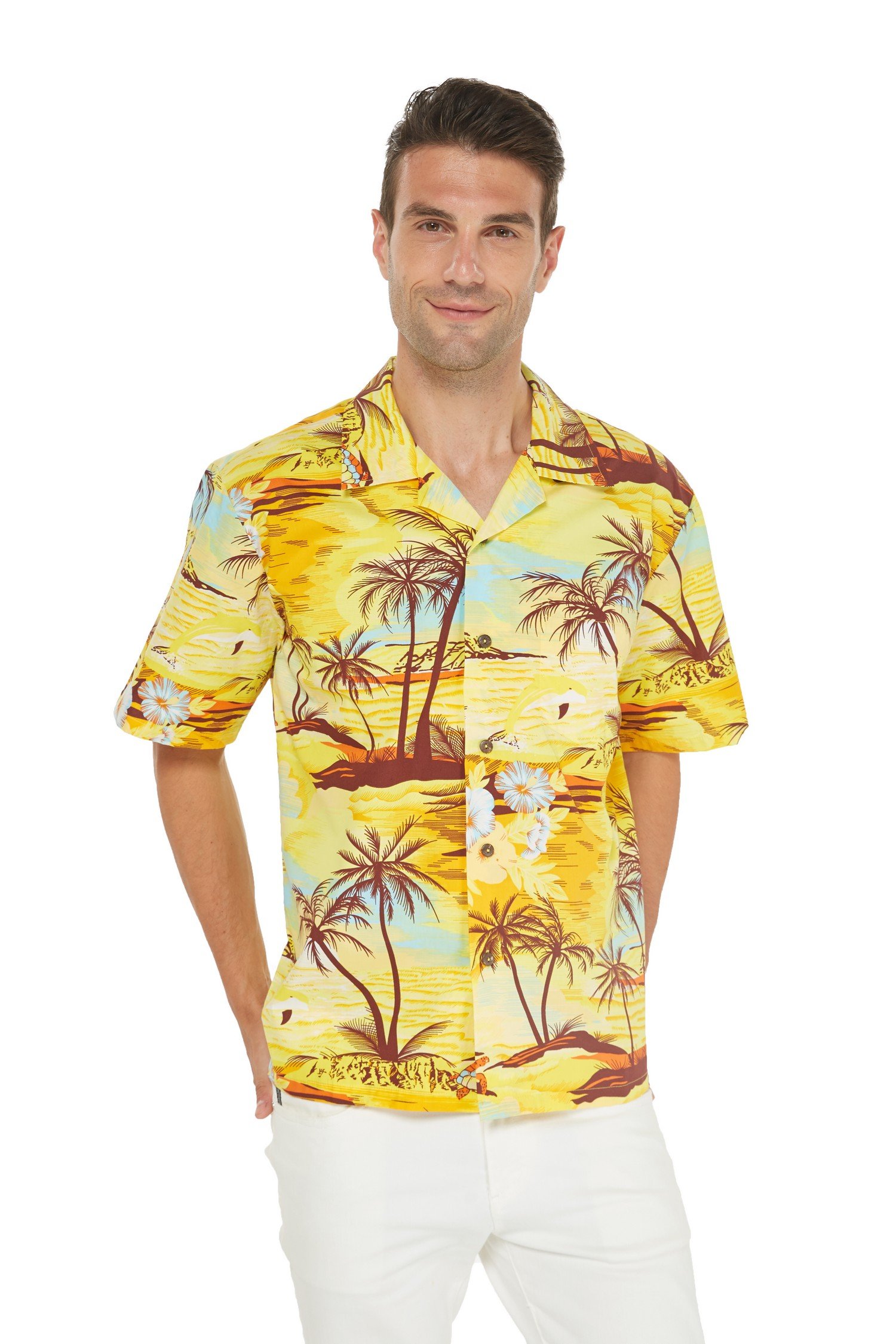 Men’s Hawaiian Aloha Shirt  in Dolphin Sunset Yellow