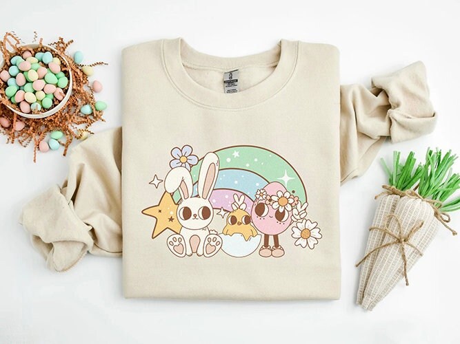 Cute Retro Womens Easter Sweatshirt, Pastel Happy Easter Crewneck, Easter Bunnies Sweater, Easter Gift, Trendy Easter Crew neck