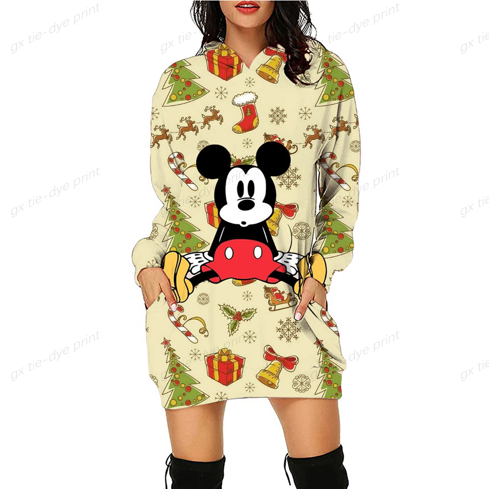 2022 Women’s Harajuku Disney Minamichi Printed Hoodie Long Sleeve Pocket Dress Loose Sweatshirt Korean Sweet Women’s Dress alx