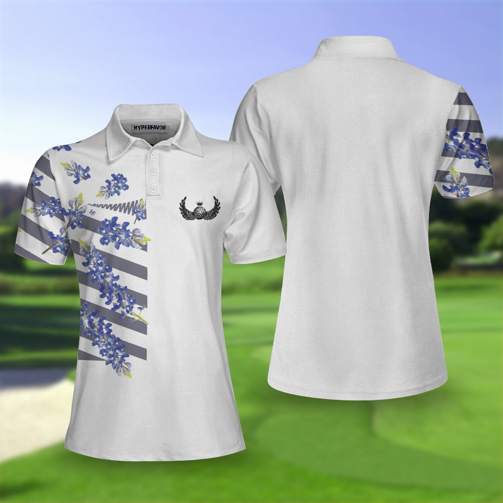 Bluebonnet Golf Short Sleeve Women Polo Shirt, Floral Texas Golf Shirt For Ladies Coolspod