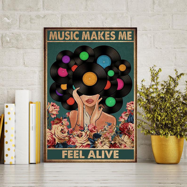 Vintage Girl Music Makes Me Feel Alive Framed Wall Art Canvas