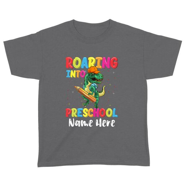 Trending Custom Back To School Gifts, Roaring Into Kinder Dinosaur T Rex Boys Personalized T Shirt