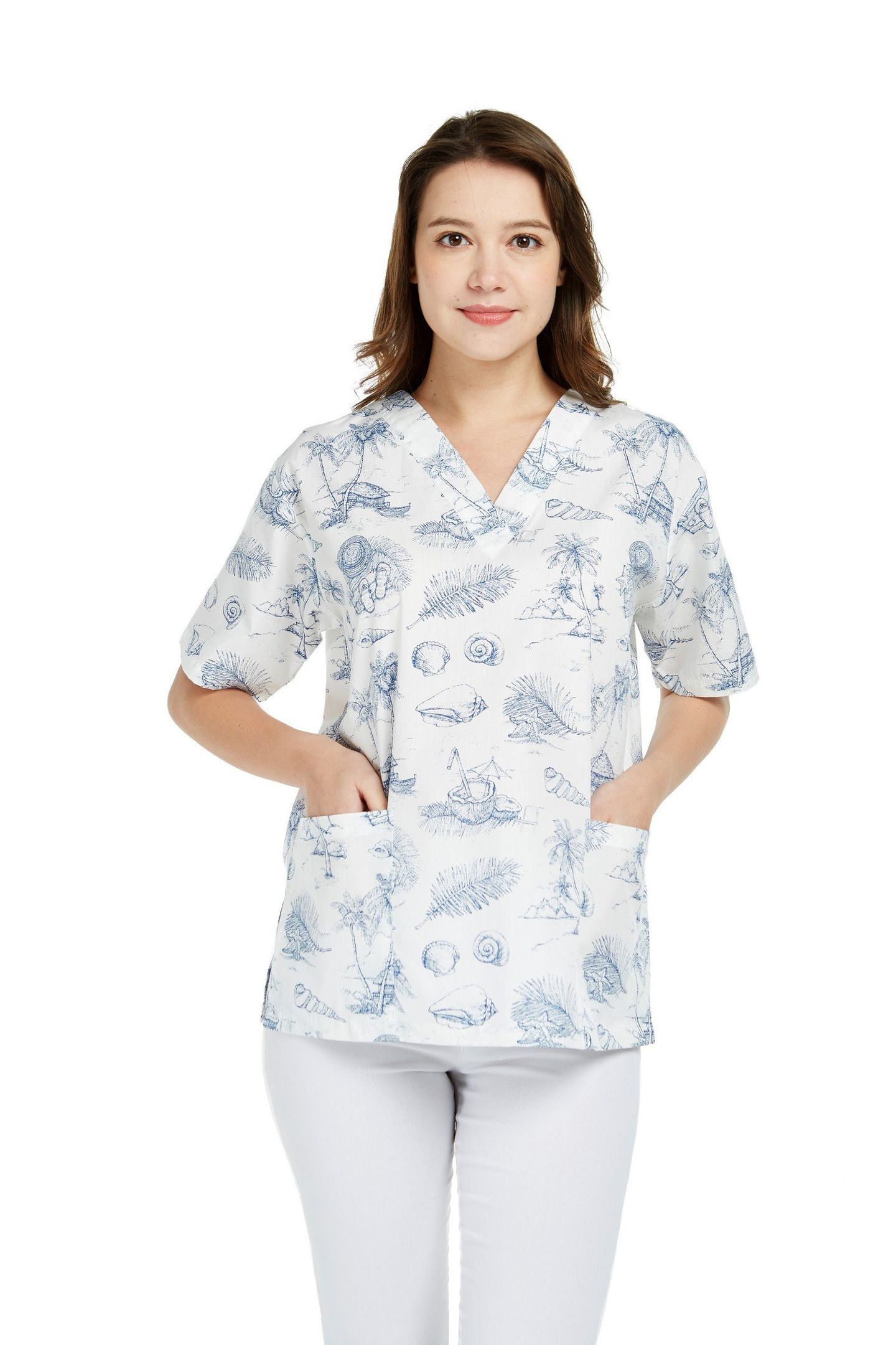 Women’S Hawaiian Aloha Shirts 2 Pockets Scrub In Vintage Tropical Toile