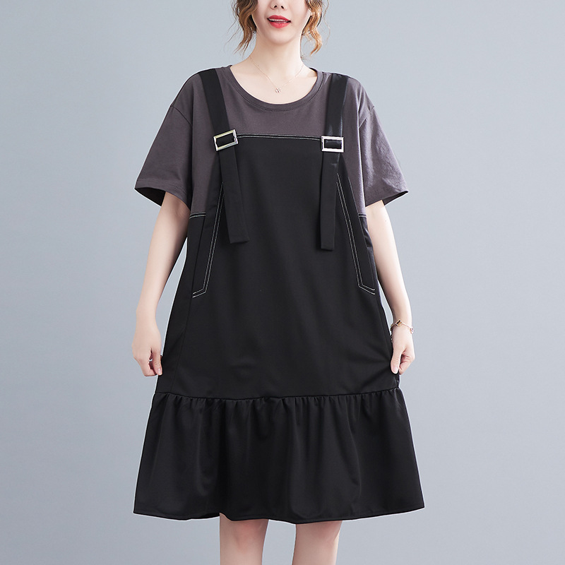 160Kg Bust 160 Large Size Women’s Summer New Loose Short Sleeve Fake Two Piece Strap Dress Black 6XL 7XL 8XL 9XL 10XL alx