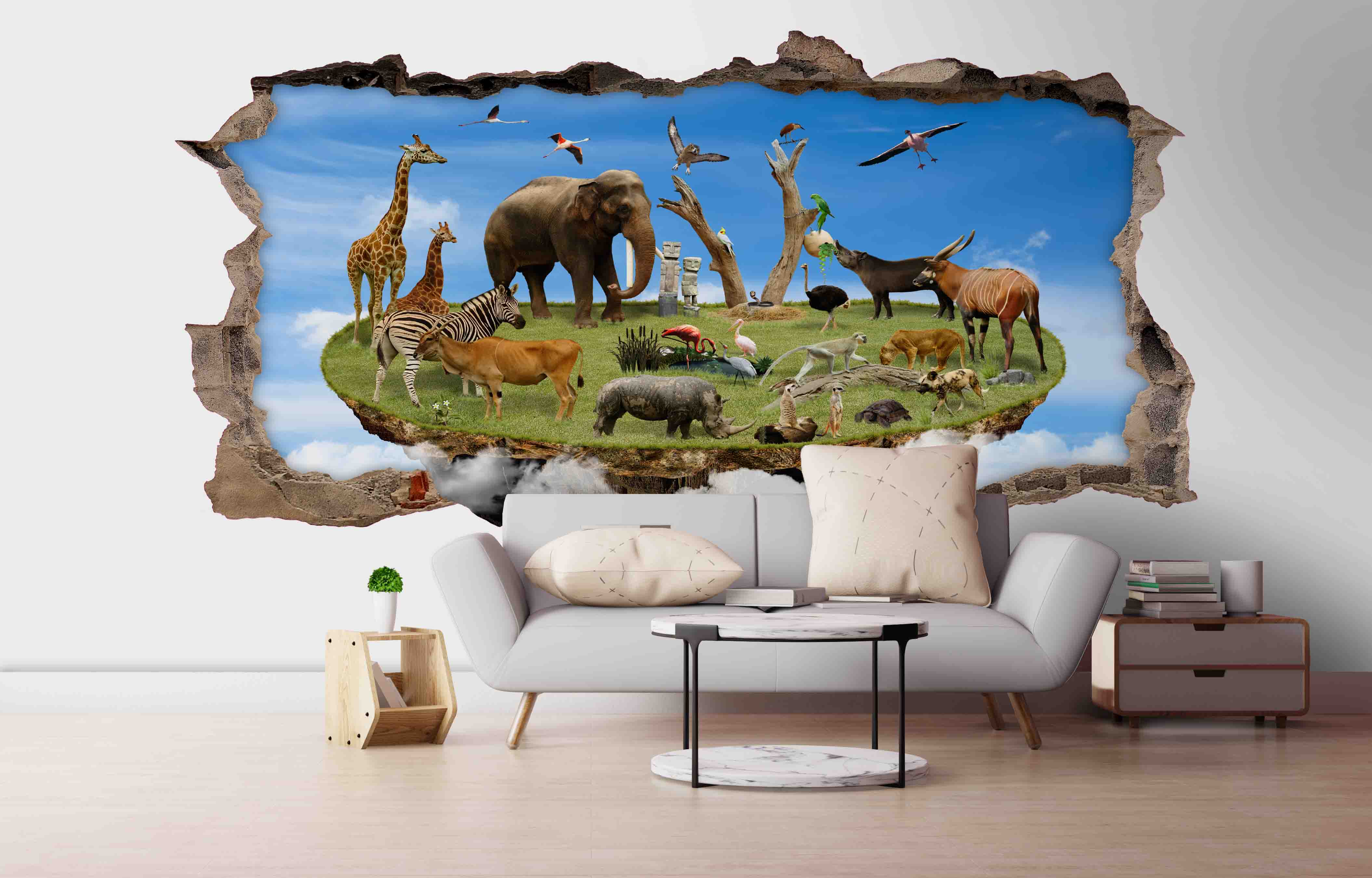 3D Wall Opening Grassland Animals Elephant Giraff Bird Wall Mural Wallpaper Zy D41