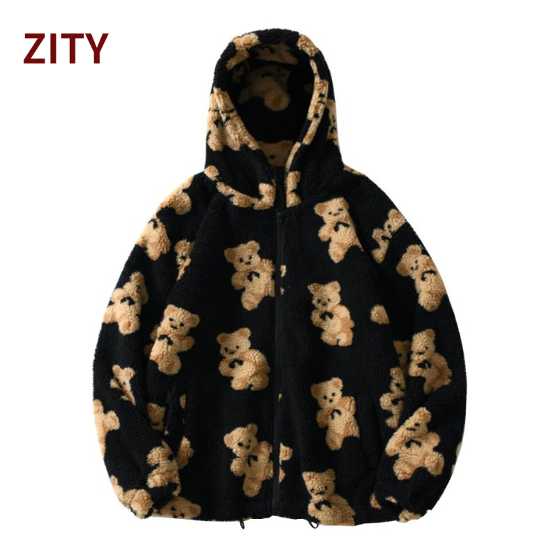 ZITY Cartoon Bear Fleece Hooded Jackets Women Casual Hoodie Female Zip Up Sweatshirt Teddy Coat Warm Hoodies Couple Clothes alx