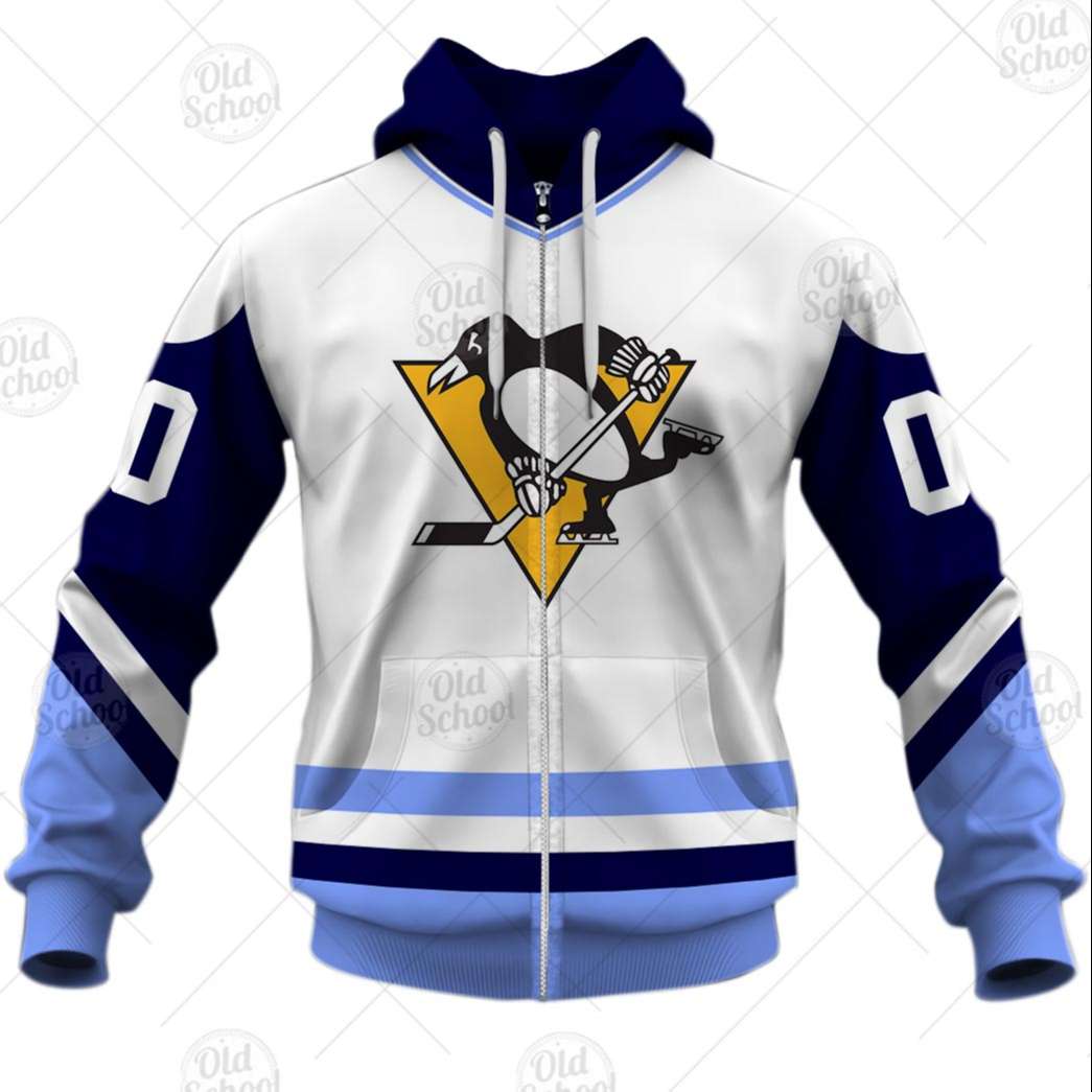 Pittsburgh Penguins Custom Name Number Vintage White Jersey Zip Up Hoodie