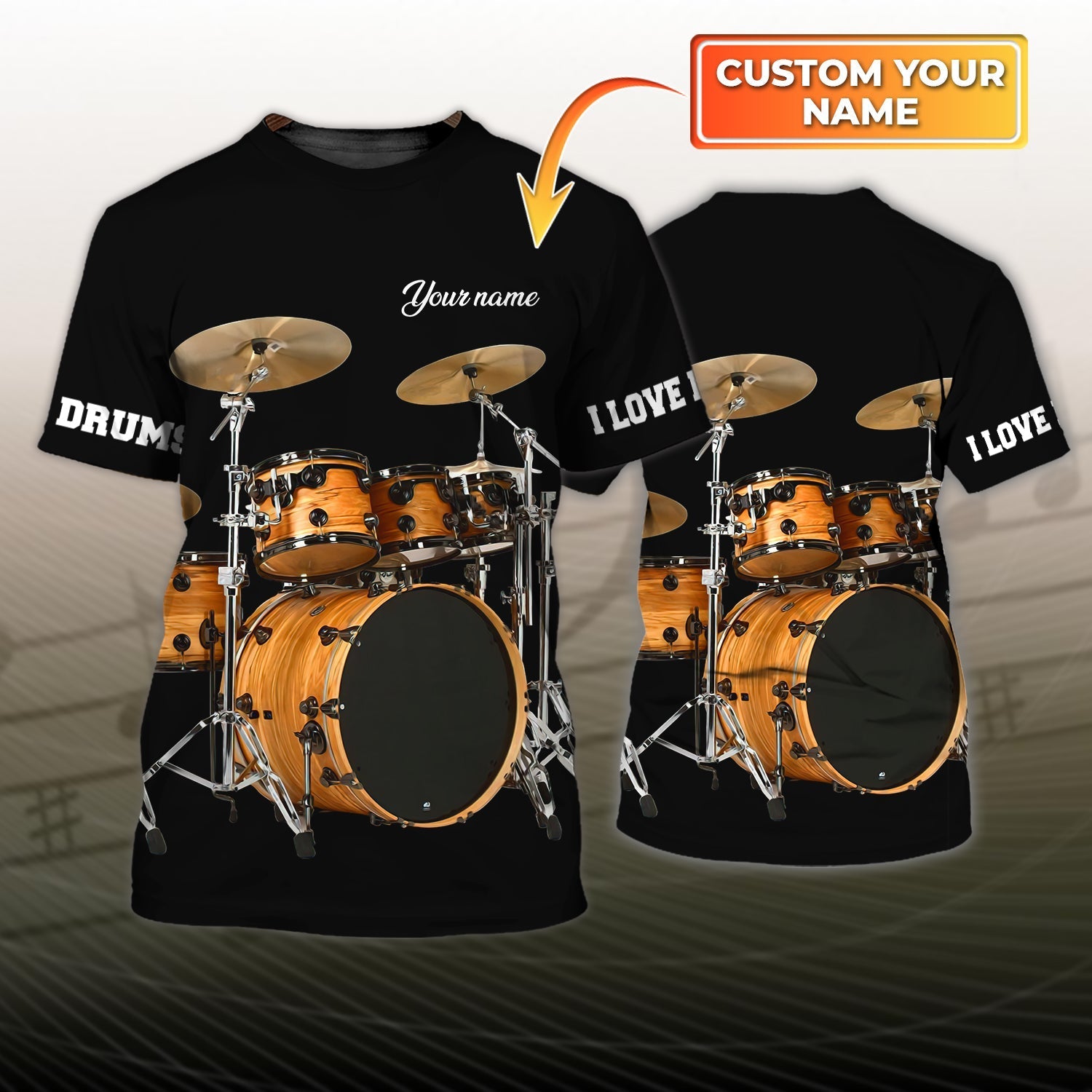 Custom I Love Drum 3D T Shirt Sumlimation Drum On Black Shirt Gift For Drummer