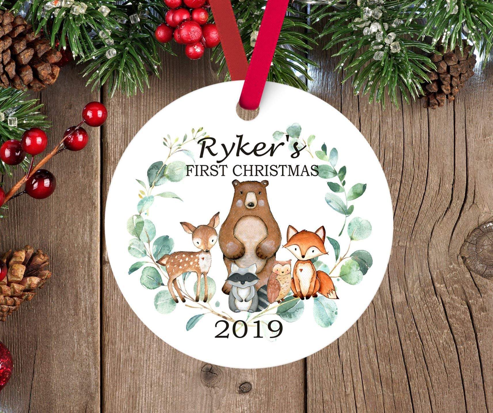 Woodland Christmas Ornament Animals Personalized Baby Boy 1St First Christmas Eucalyptus Forest Shower Gift New Baby Holiday Ornament 164