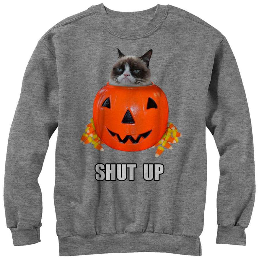 Grumpy Cat Men’s Halloween Candy Shut Up  Sweatshirt Athletic Heather