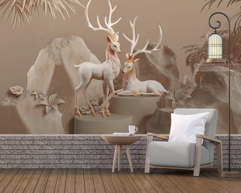 3D Hand Drawn Embossed Bucks Animal Plant Background Wall Mural Wallpaper Lxl