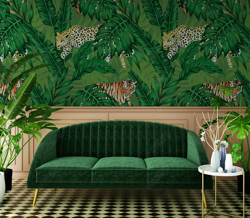 3D Hand Drawn Tropical Leaf Leopard Wall Mural Wallpaper Lqh 404