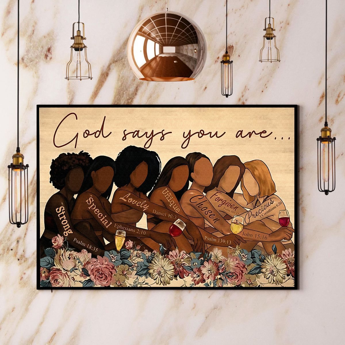 Afro Girls Drink Wine God Says You Are Strong Special Lovely Chosen Flowers Vintage  Poster No Frame Matte Canvas