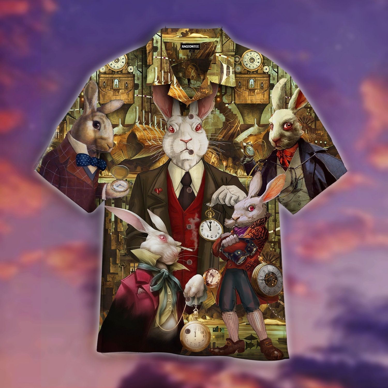 At Midnight, Mr.Rabbit Come With A Clock In His Hand Hawaiian Shirt, Unisex Print Aloha Short Sleeve Casual Shirt