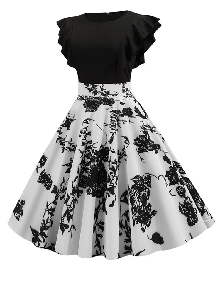 Black White Patchwork Floral Print Summer Dress Women 2022 Petal Sleeve Dot Vintage Dress Robe Casual Rockabilly Party Vestidos alx