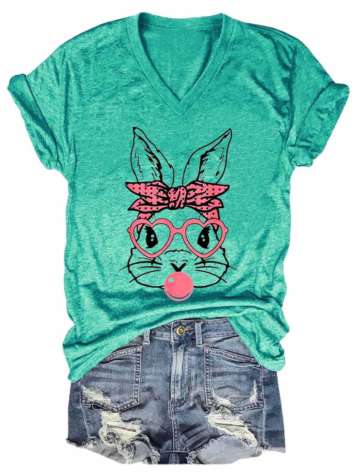 Women’S Bunny Rabbit With Bandana Glasses Bubblegum V-Neck T-Shirt