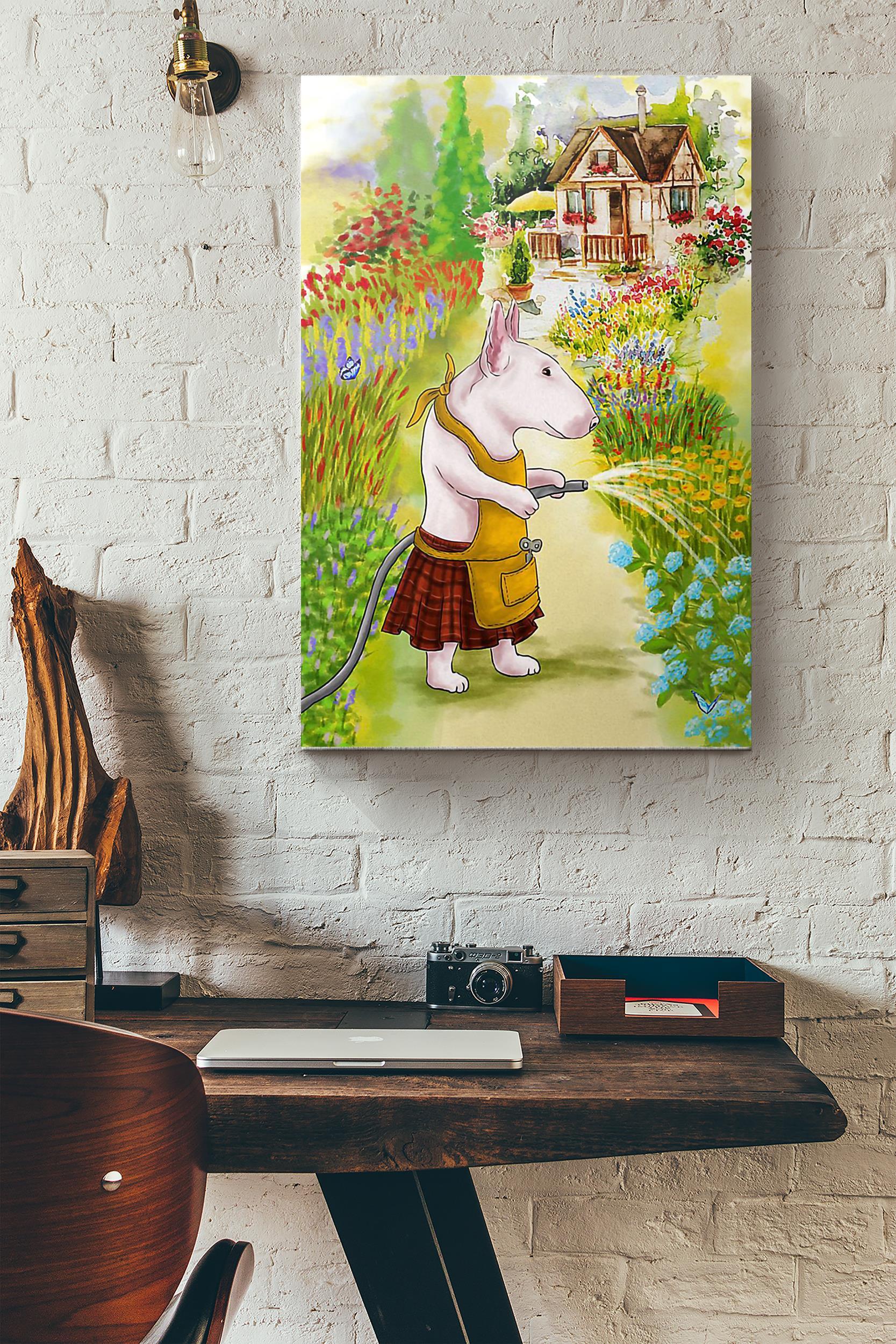 Bull Terrier Puppy And The Garden Poster Wrapped Canvas