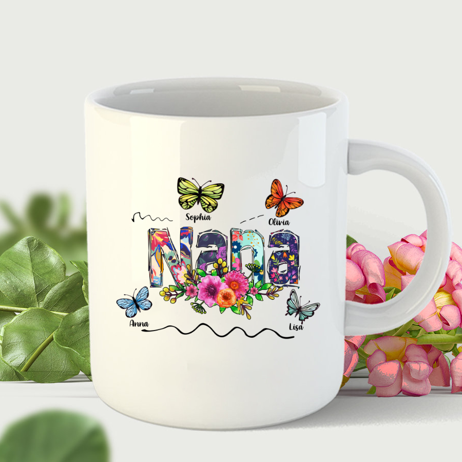 Nana Flower Butterfly Custom Names Mug