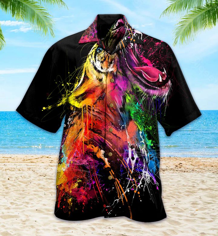 Colorful Angry Tiger Black Hawaiian Shirt 3D