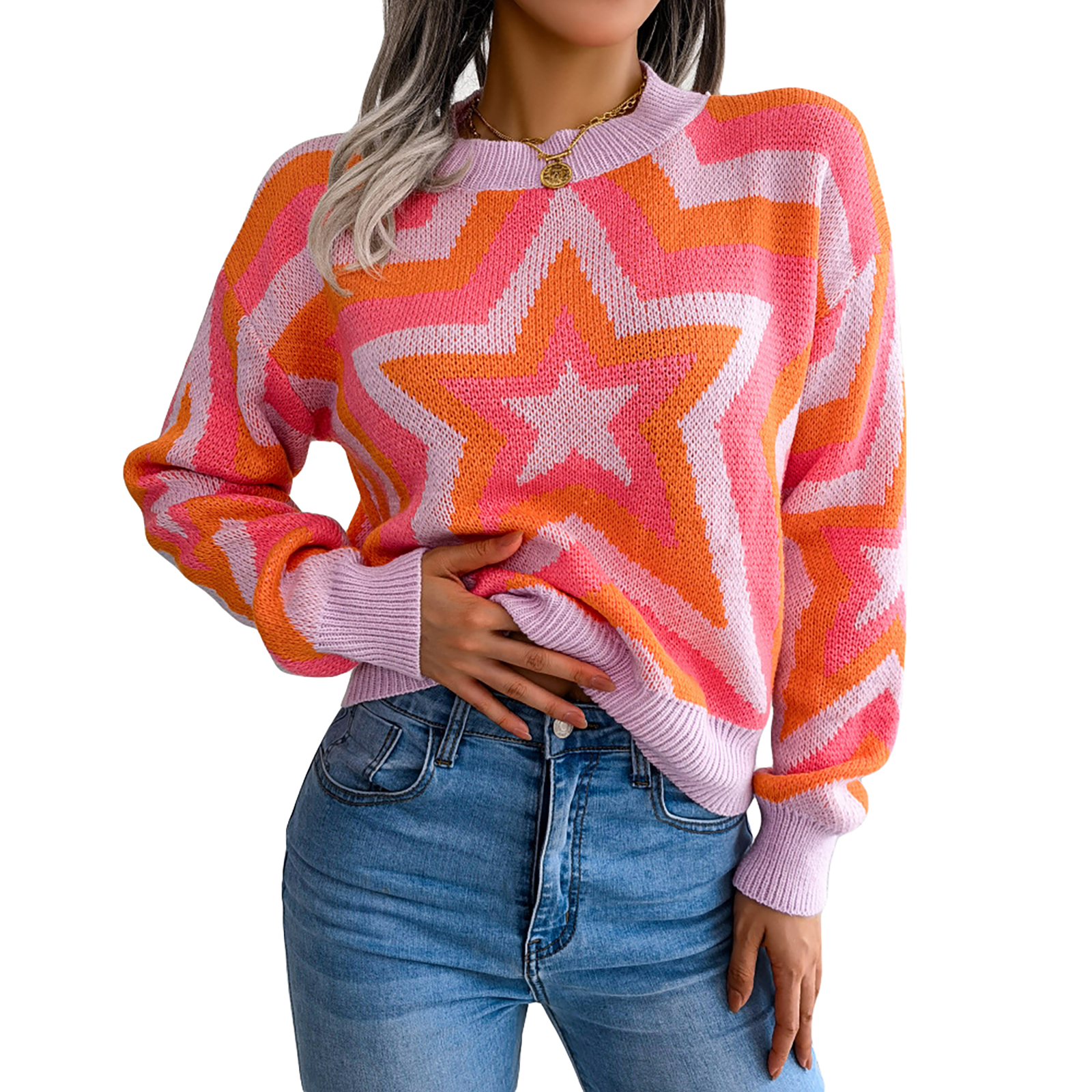 Women Star Print Sweater Long Sleeve Crew Neck Knit Pullover Fashion Contrast Color Crop Top alx