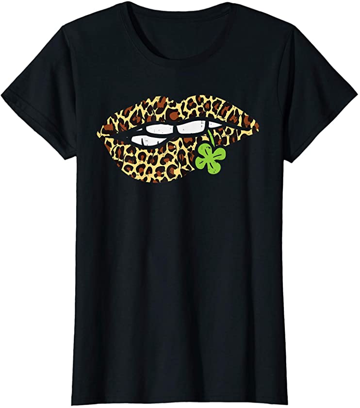 Womens Leopard Print Lip Bite Shamrock Clover St Patricks Day Gift T-Shirt