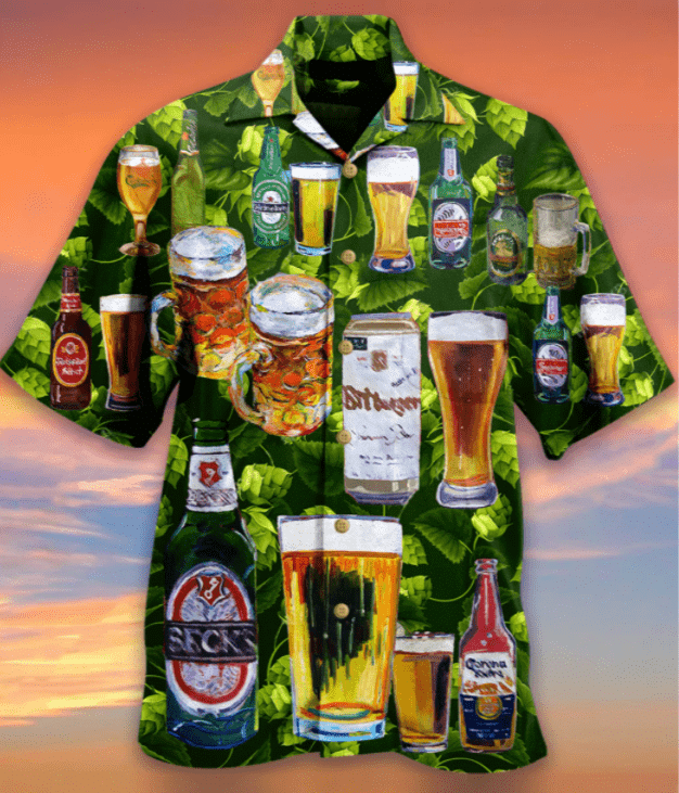 Unifinz Beer Hawaiian Shirt Cups And Bottle Pattern Tropical Green Aloha 2022 Ha73838