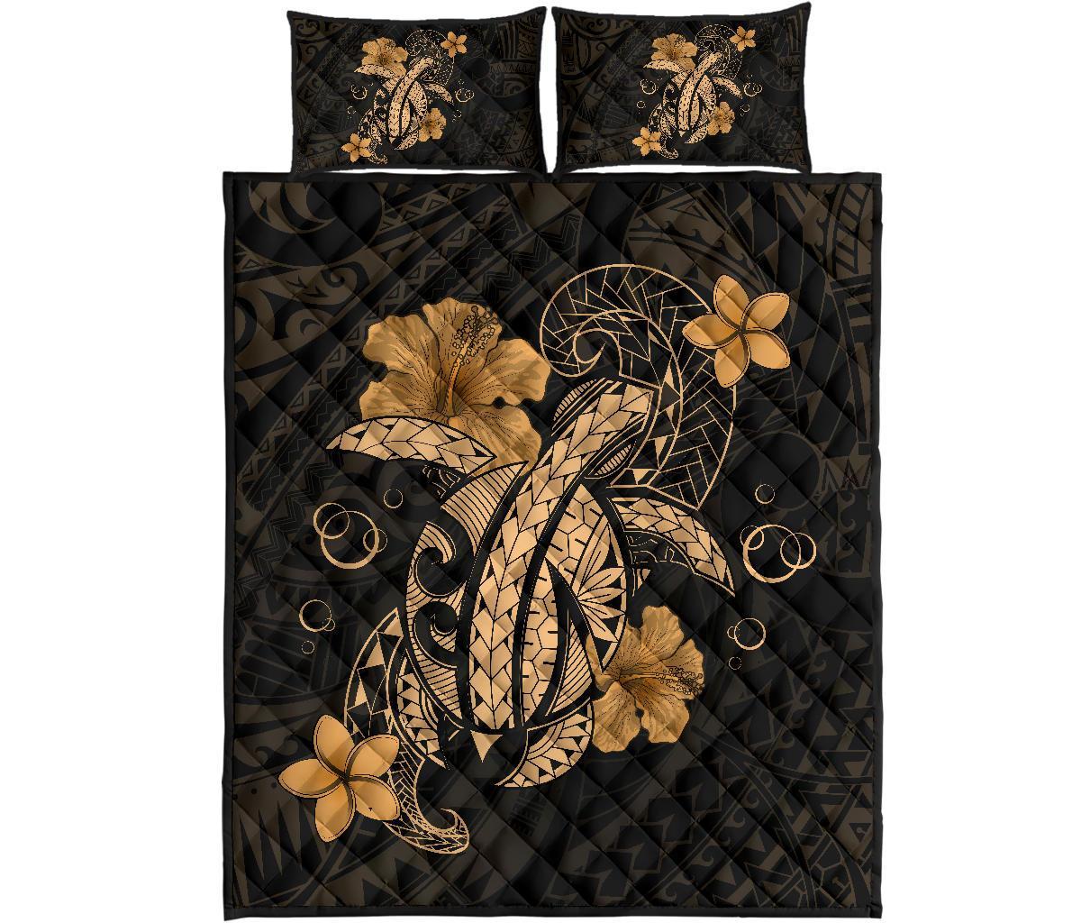 Hawaii Turtle Flower Polynesian Quilt Bed Set – Gold – AH J4