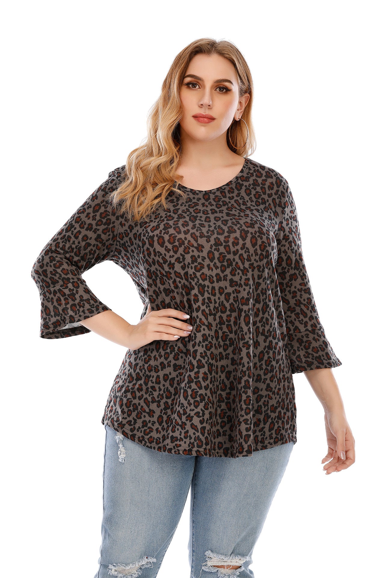 Women’S Long-Sleeve Plus-Size Tops Leopard Print Loose T-Shirt Sq0153