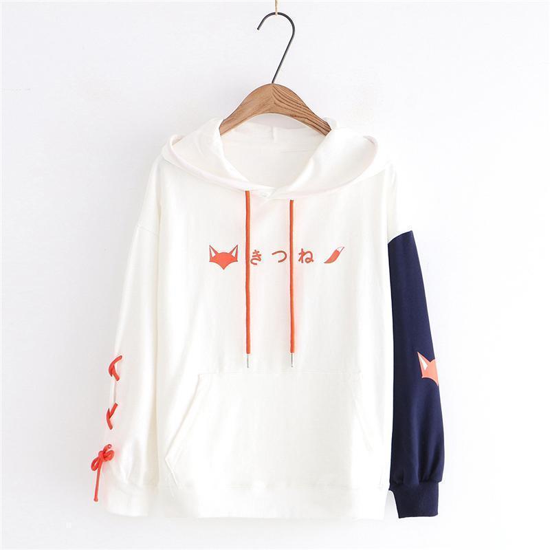 Womens Patchwork-inspired Fox Print Cute Ears Hoodie Sweatshirt White Blue