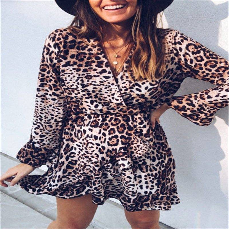 Ruffles Trim Leopard V Neck Long Sleeve Wrap Dress