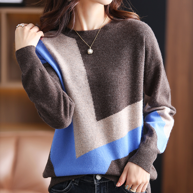 2021 Autumn /Winter New Cashmere Sweater Women’s O-Neck Pullover Casual Stitching Contrast Color Knitted Top Female Jacket alx