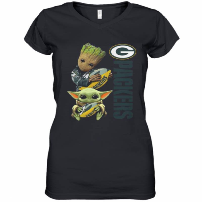 Baby Groot And Yoda Hug Green Bay Packers Women's V-Neck T-Shirt