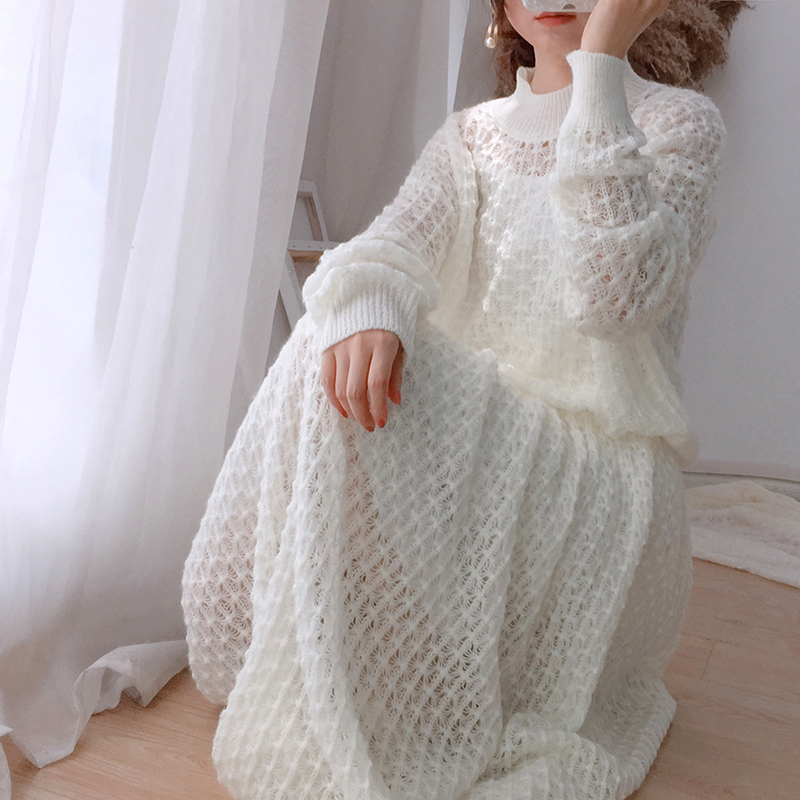 White Knitted Two Pieces Set Women Pullover Sweater Elastic Waist Skirt Korean Sweatsuits conjunto tricot feminino alx