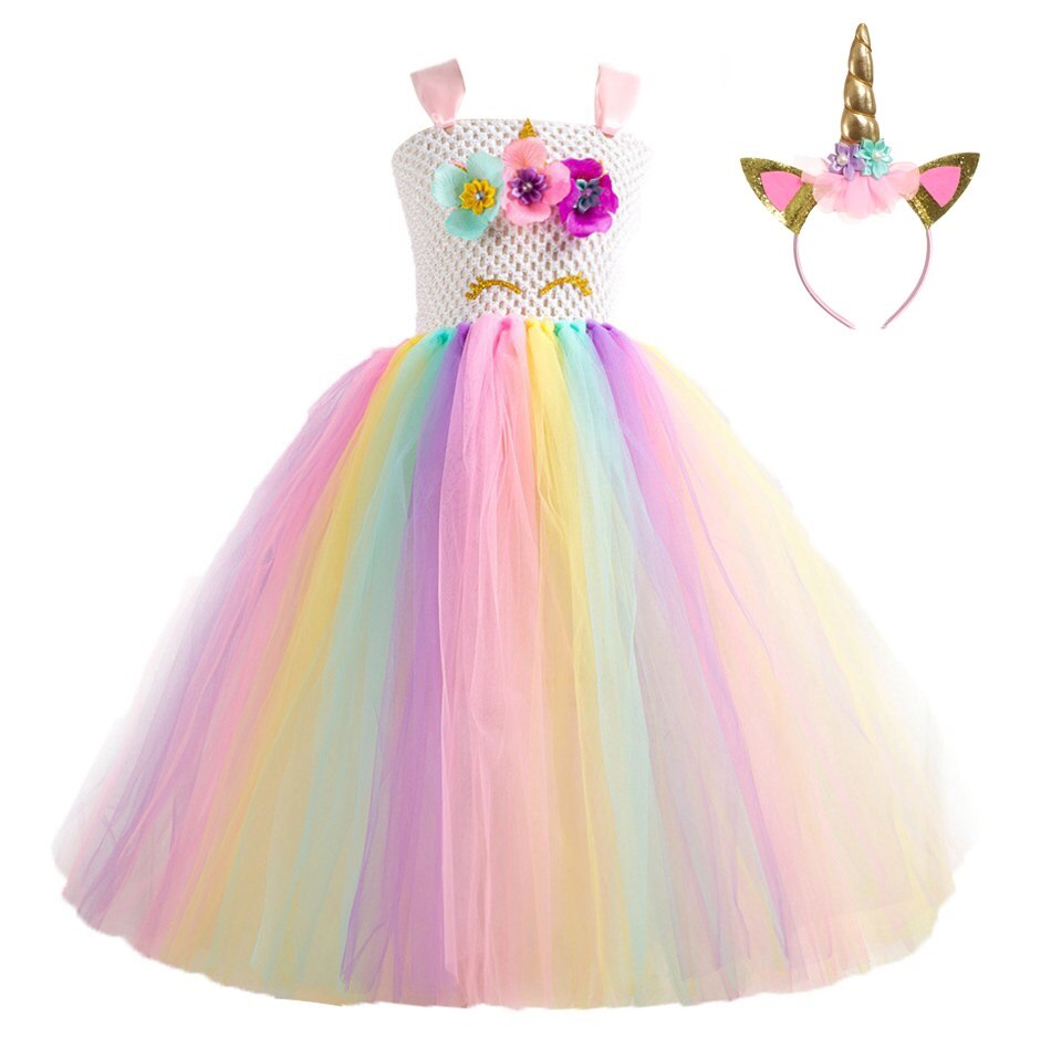 Unicorn Tutu Dress with Headband for Girls Birthday Party Children Cinderella Belle Sleeping Beauty Costume Outfit alx