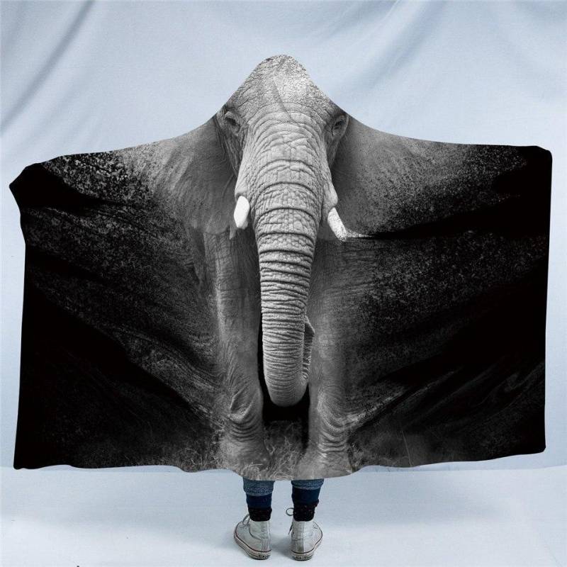 BeddingOutlet Elephant Hooded Blanket 3D Printed Black White Sherpa Fleece Microfiber Throw Blanket Animal Photography 150x200cm