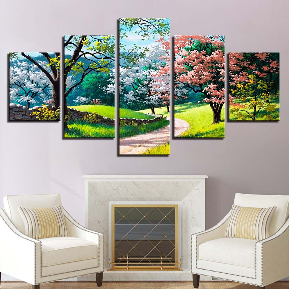 Flower Tree Spring 5 Piece Hd Multi Panel Canvas Wall Art Frame