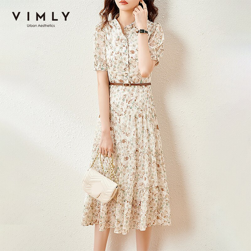 VIMLY Summer Women Dresses Elegant Floral Dresses Office Lady High Waist Sashes Pleated Long Dress Women’s Maxi vestidos F7711 alx