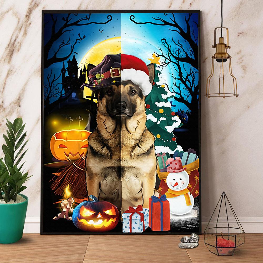 German Shepherd Halloween Christmas Half Face Canvas And Poster, Canvas Prints, My Poster Wall, Canvas Wall Art, Wall Decor Visual Art, Halloween Gift, Happy Halloween