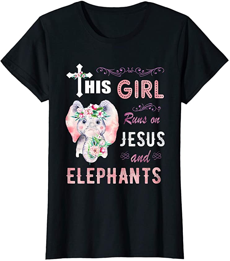 Funny Gift Watercolor Girl Run On Jesus And Elephants T-Shirt