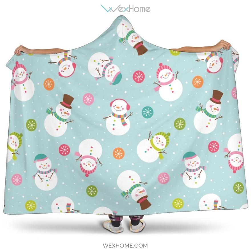 Cute Snowman Snowflake Pattern Hooded Blanket