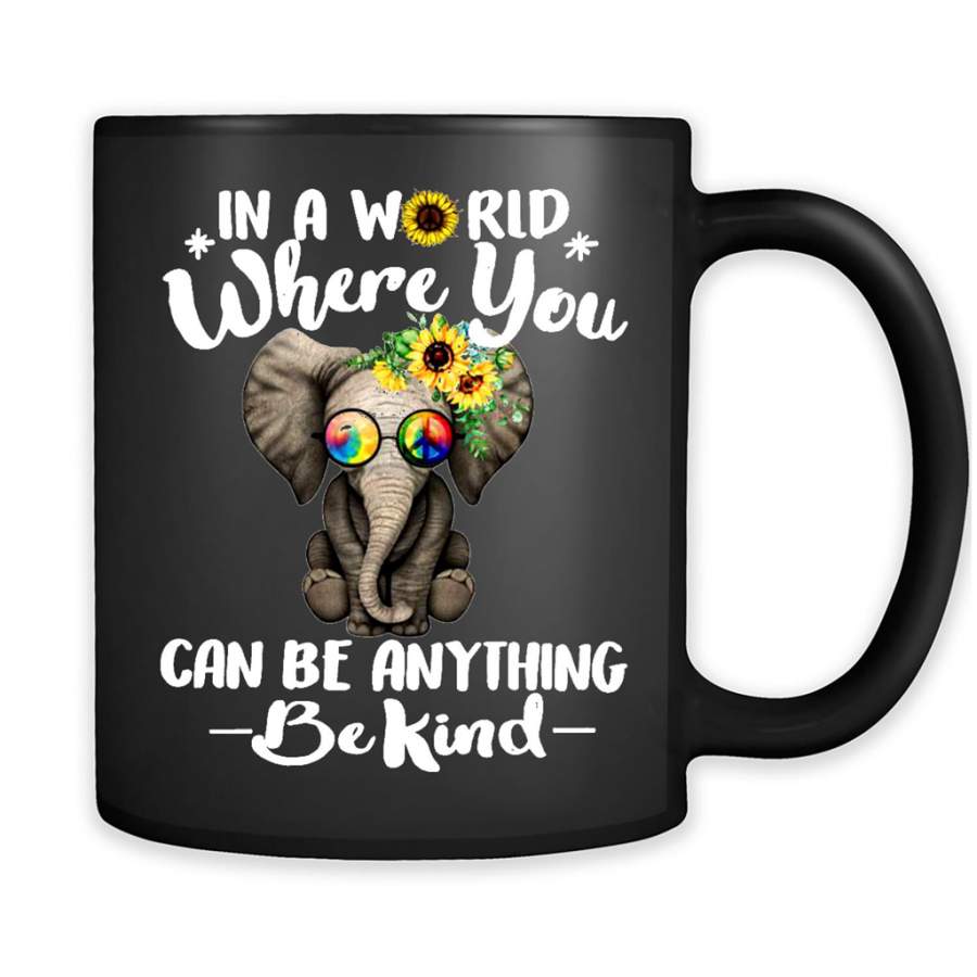 In A World Where You Can Be Anything Be Kind Floral Elephant ,Hippie Peace sign – Full-Wrap Coffee Black Mug