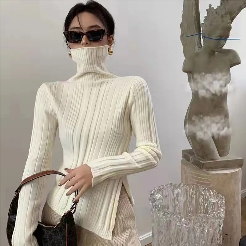 Women’s Turtleneck Sweater 2022 Autumn Winter Side Slit Pullover Tops Knit Sweaters Korean Fashion Slim Long Sleeve Basic Top alx