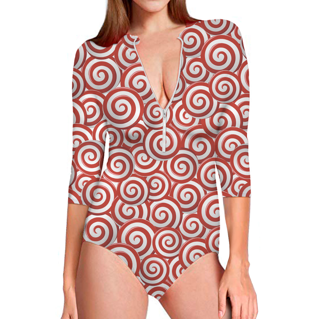 Red Lollipop Candy Pattern Print Long Sleeve One Piece Swimsuit