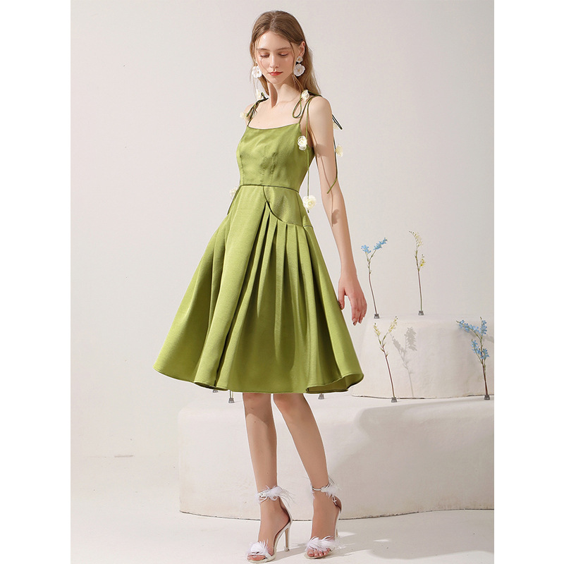 Summer Women’s Sexy Green Suspender Skirt French Camellia Lace-Up Waist Dress Sweet Knee-Length Skirt alx