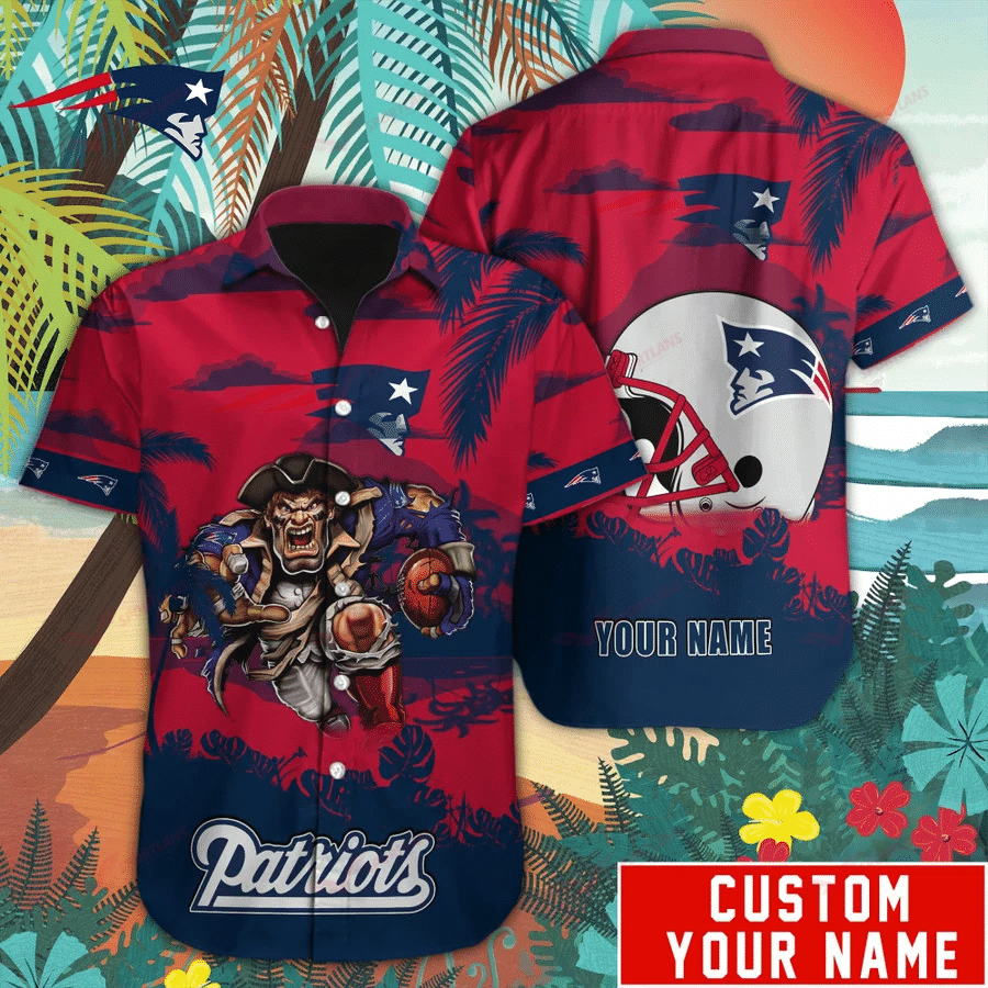 New England Patriots Mascot Button Up Hawaiian Shirt Custom Name