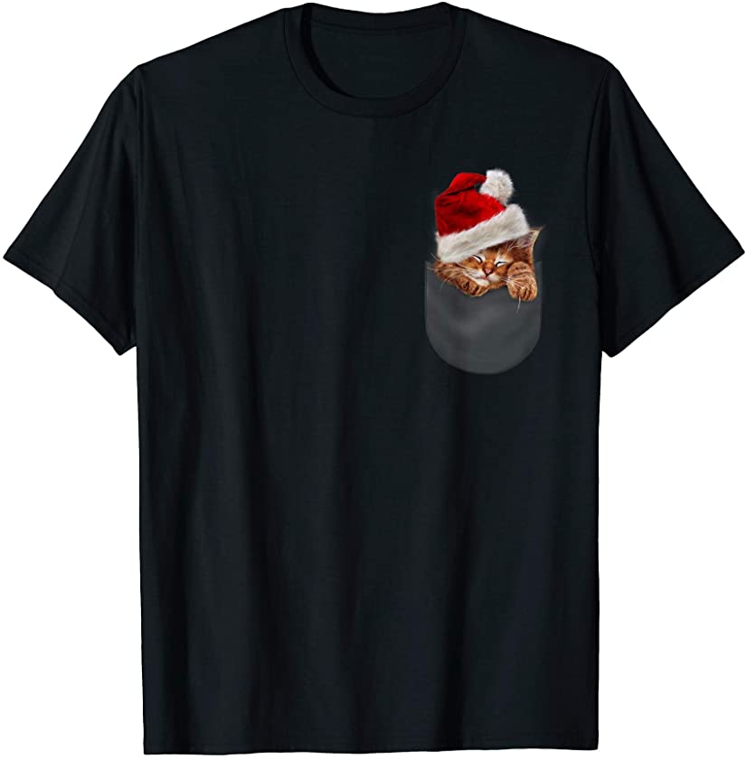 Sleeping Orange Kitten Cat with Santa Hat in Pocket T-Shirt