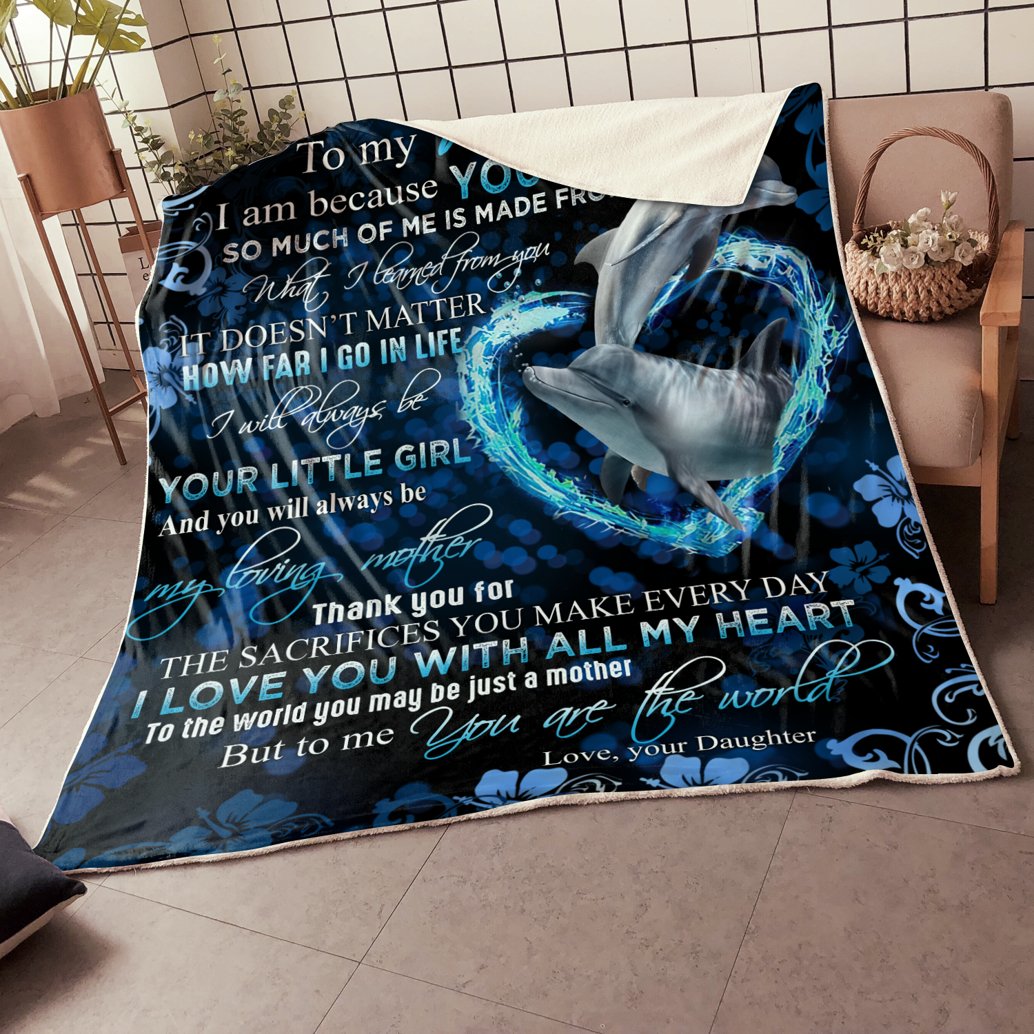 To My Mom Dolphin I Love You With All My Heart Blanket Gift For Mom From Daughter Home Decor Bedding Couch Sofa Soft And Comfy Cozy