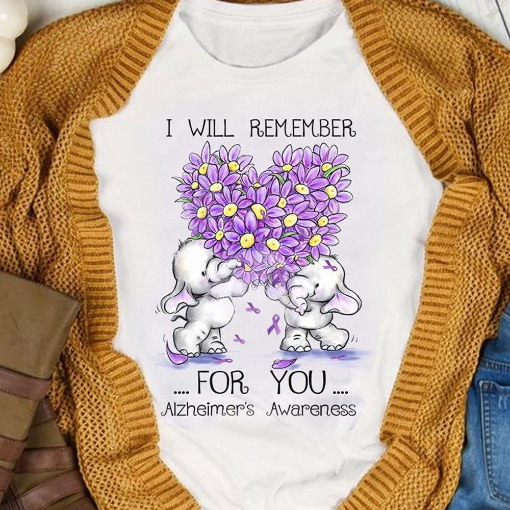 I Will Remember For You, Elephant & Purple Heart, Alzheimer’S Awareness Shirt