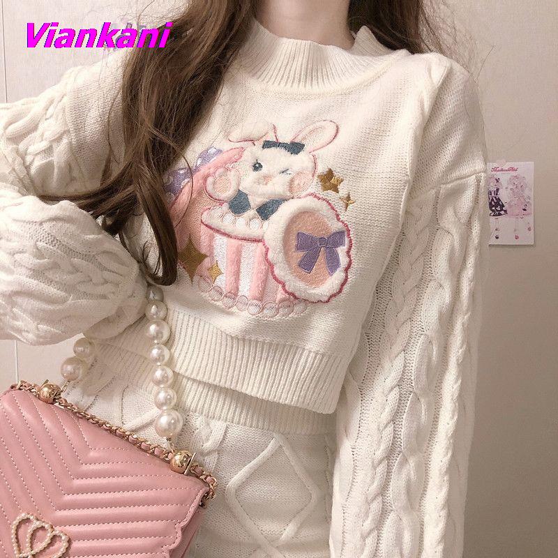 Women Sets Japan Kawaii Knitted Two Pieces Set Women Catoon Rabbit Crop Sweater + High Waist Mini Knit Skirts Harajuku Outfits alx