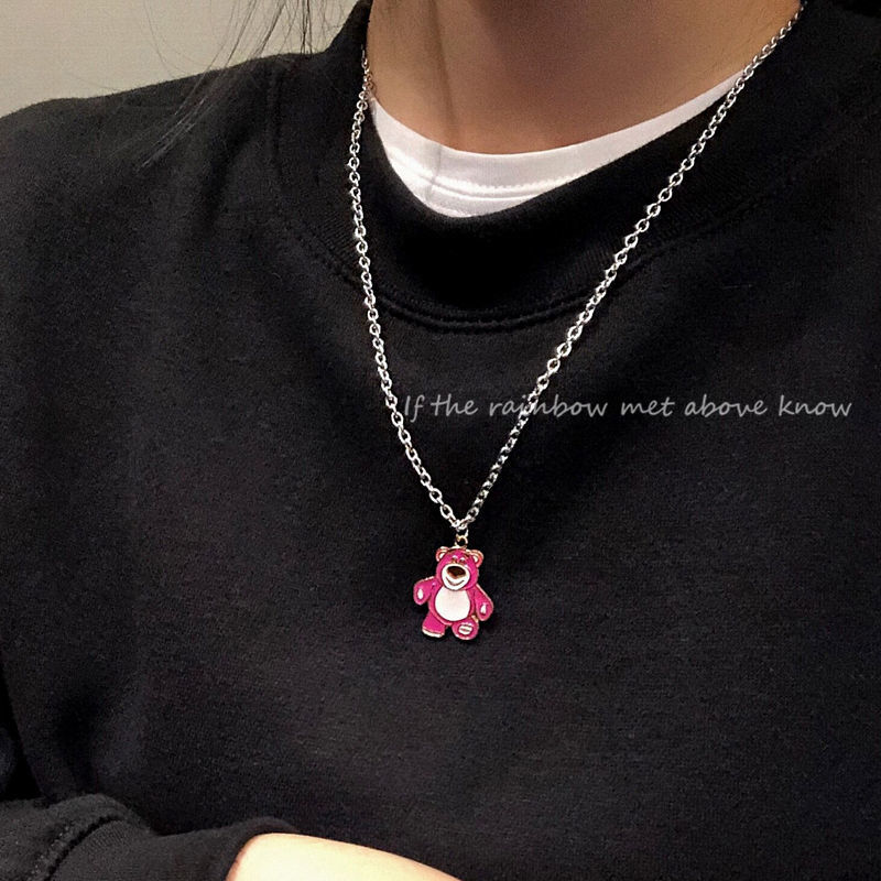 Stainless Steel Free Shipping Jewelry Kids Pendant Name Color Girls Punk Bear Long Chain Cute Pink 2022 Cartoon Necklace alx